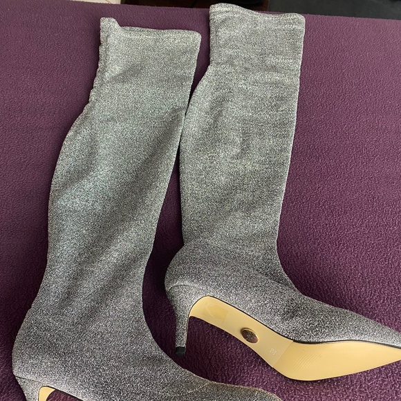 NWOT Buffalo Silver Lurex Fabric thigh High Over-the-knee stiletto heel boot - Picture 1 of 11